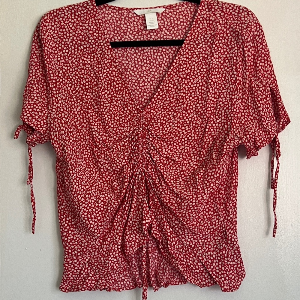 H&M Red Blouse with White Flowers and Ties